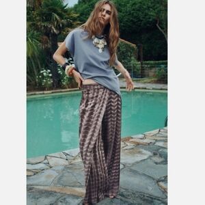 NWT Zara Linen Blend Flowy Brown Tie Dye Wide Leg Wrap Pants Size XLarge